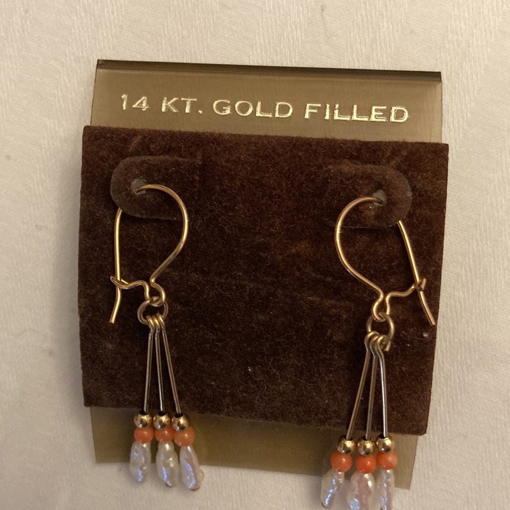 Freshwater PEARL, CORAL, and 14 karat gold filled pierced DANGLE EARRINGS ,NWOT - Picture 2 of 3